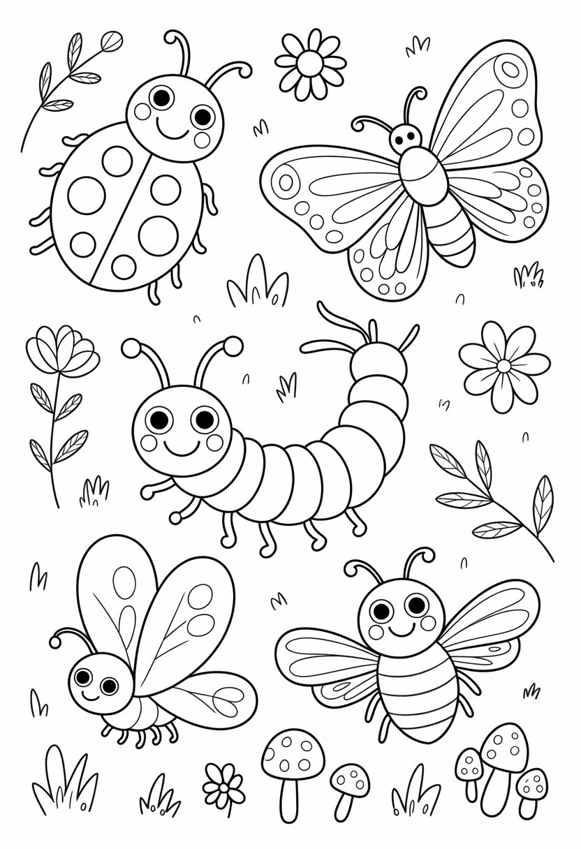 Coloring Pages Cute Ideas for Kids: 21 Engaging Designs to Inspire Creativity 32 A collection of cute insects including a ladybug, butterfly, caterpillar, and bee surrounded by flowers and leaves.